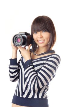 Young lady holding a digital photo camera