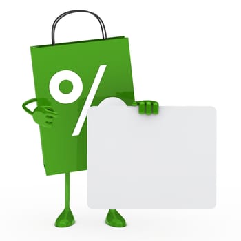 green sale bag hold a white billboard