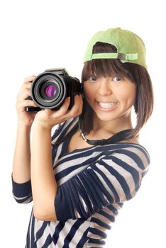 Glad model with big digital photo camera