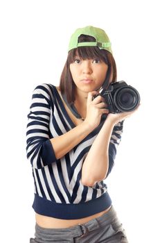 Photo of the pretty girl holding the digital camera