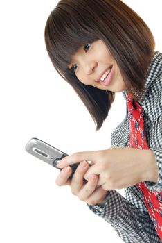 Photo of the smiling lady reading or writing sms