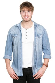 Man. Handsome young man portrait. Casual Caucasian male guy looking at camera isolated on white background