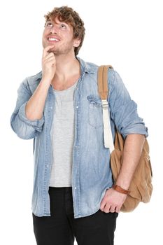 Thinking young student man looking up. Pensive casual male university student with bag smiling happy isolated on white background. Handsome young man in his 20s