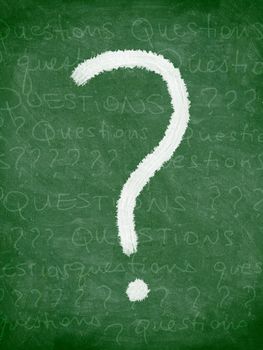 Question mark chalkboard / blackboard. Questions and question marks written half erased on green chalkboard texture.