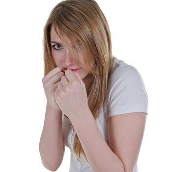 woman kickboxer guard stance prepared for fight, isolated over white, focus on eye