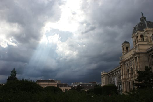 View of Vienna. Magically shining rays of the sun at the palace.