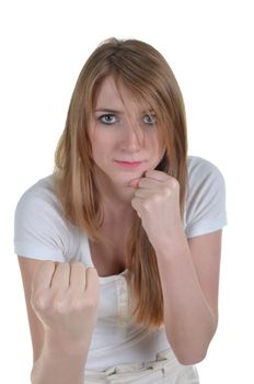 woman kickboxer trying to hit using right uppercut, isolated over white, focus on right fist