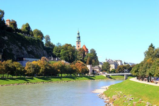 landscape of Salzburg. View to the river. Clear blue sky