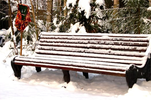 park bench in winter snow bound landscape