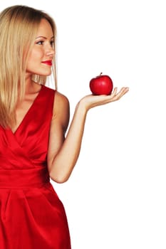 woman eat red apple on white background