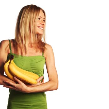 woman holding a bunch of bananas on white background