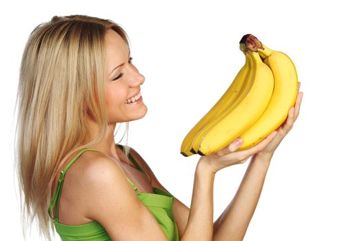 woman holding a bunch of bananas on white background