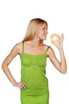 woman eating a cake on a white background