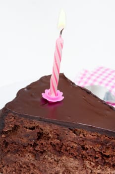 Closeup of Birthday Cake - Chocolate Dessert with Burning Candle