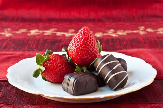 Dark chocolate bon-bons and strawberries on a white fine china plate with gold decoration on the rim. Red textured background.