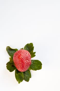 Red strawberry surrounded by green leaves isolated on white.