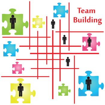 Vector of four jigsaw puzzle pieces on the topic of team building.