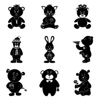 Cartoon animals with toys and gifts: teddy bears, cat, bunny. Black silhouettes on white background.