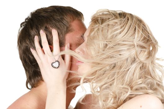 Beauty man and woman - lovers closeup portraits