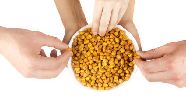 fried corn with hands isolated on a white background