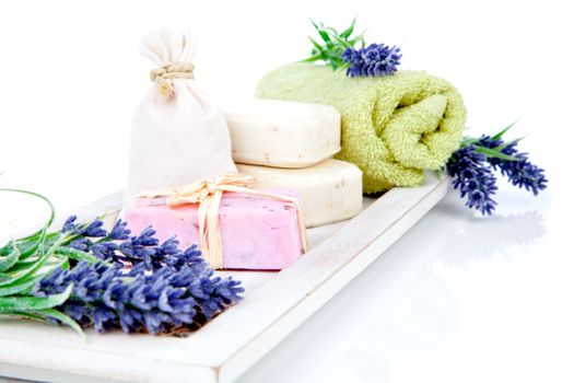 toiletries for relaxation - towel, soap, isolated on white background