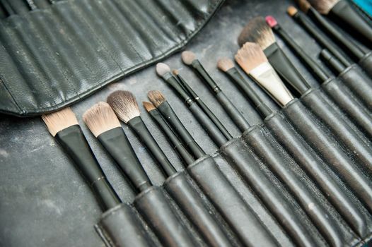 Set of make-up brushes in a tool bag