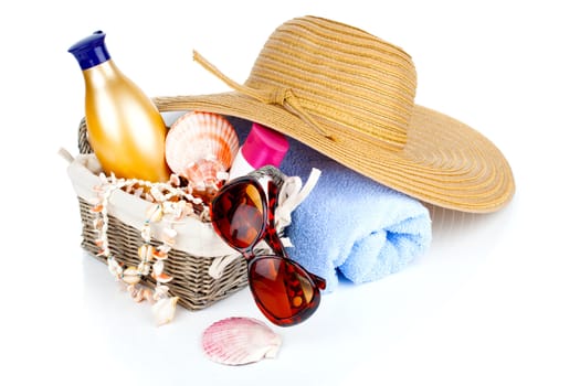women's accessories for outdoor relaxation. beach items isolated on white background, summertime vacation and travel
