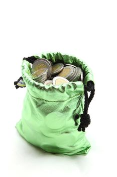 coin in green money bag isolated