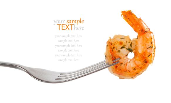 Shrimp Linguine on a fork, isolated on white background