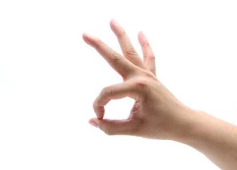 Hand with OK sign on white background.