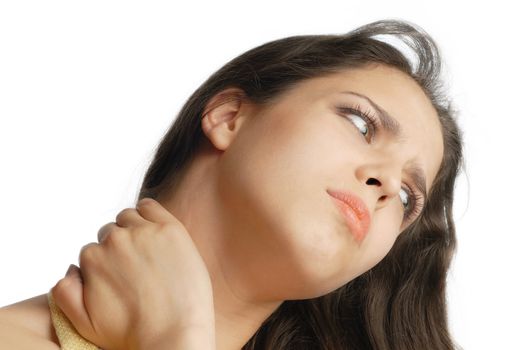 Girl suffering from the pain and massaging her neck