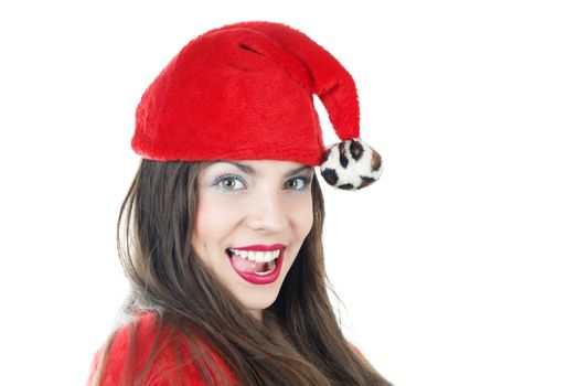Happy smiling lady in the red Santa Claus dress and hat on a white background