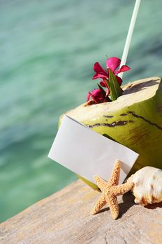 Coconut cocktail starfish tropical Caribbean beach refreshment and towel