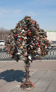 A tree with wedding locks on Luzhkov bridge. Moscow