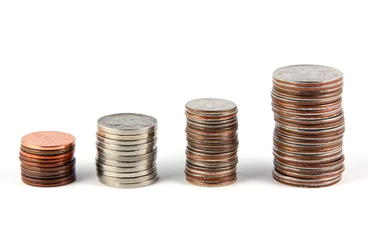 Four stacks of coins (pennies, nickles, dimes, and quarters) lined up showing growth.