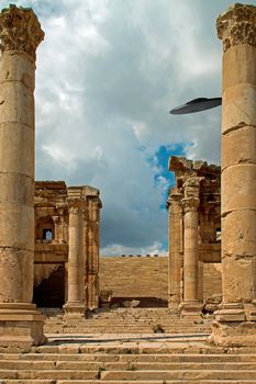 Columns of the ruins of Jerash, Jordan with a UFO sighting
