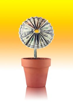 A flower made out of 1, 5, 10, and 20 dollar bills growing out of a flower pot.