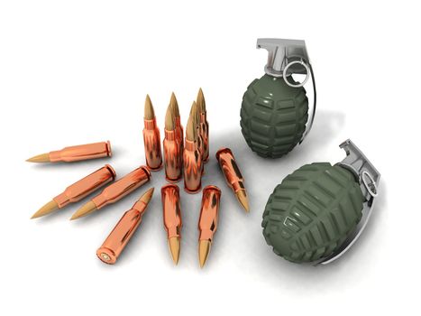 some bullets and hand grenades on a white background