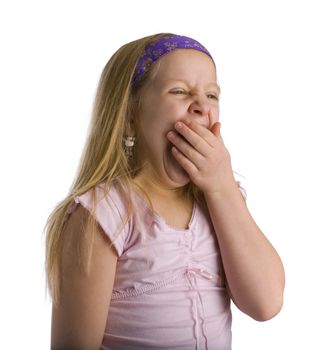 Girl yawning from being tired and exhausted over white