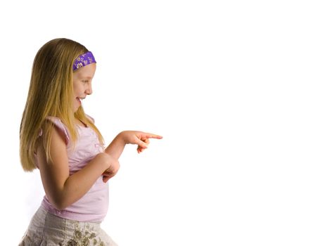 Girl pointing to white copy space