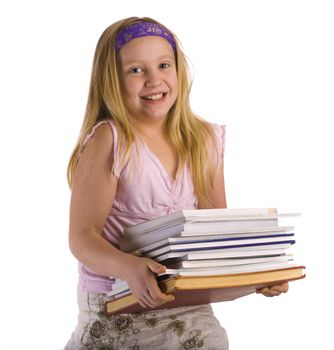 Girl carrying a pile of heavy books