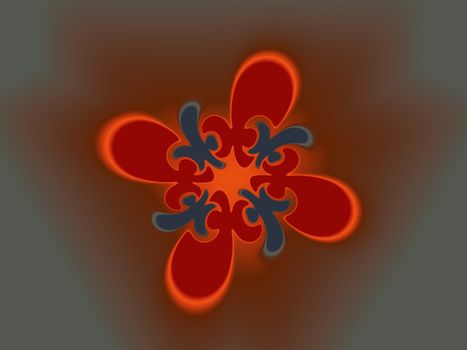 An abstract illustration with a central design of four divisions done in oranges and grays.