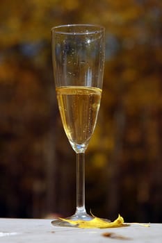 Glass with champagne on a stone table