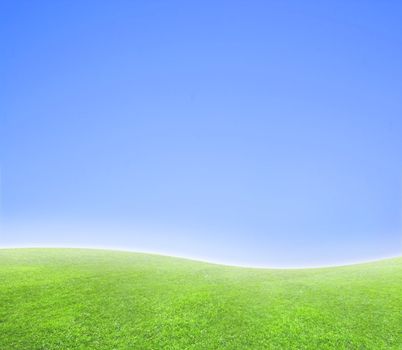 A simple tranquil beautiful S-curved horizon with blue sky and green grass.