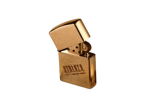 A gold stylish cigarette-lighter is taken picture CU on a white background.                    