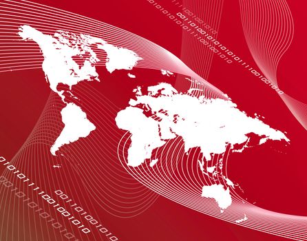 world map / communications / travel montage over a reddish background