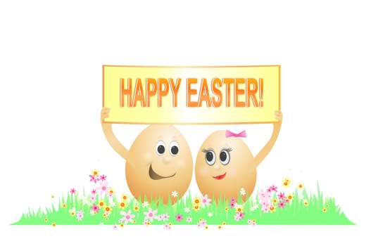 Illustration depicting two light brown eggs with faces holding a 'Happy Easter' sign arranged in a horizontal floral setting with white background.