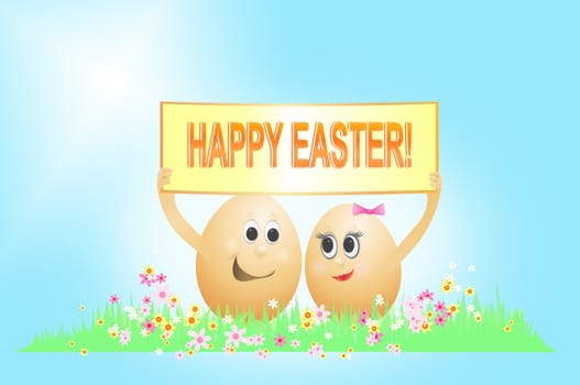 Illustration depicting two light brown eggs with faces holding a 'Happy Easter' sign arranged in a horizontal floral setting with blue background.