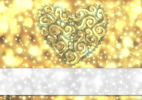 gold card with heart and stars and copy space