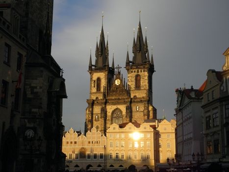 Týn church in the old town square in Prague, at sunset